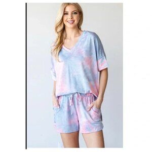 Women's Tie Dye Pajama Set V Neck Top & Shorts Comfy Cozy Blue Purple Loungewear